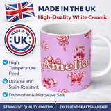 Personalized Custom Name Cute Christmas Candy Cane Ribbon Bow Soft Purple Seamless Pattern 11oz Ceramic Coffee Tea Mug White Large Handle