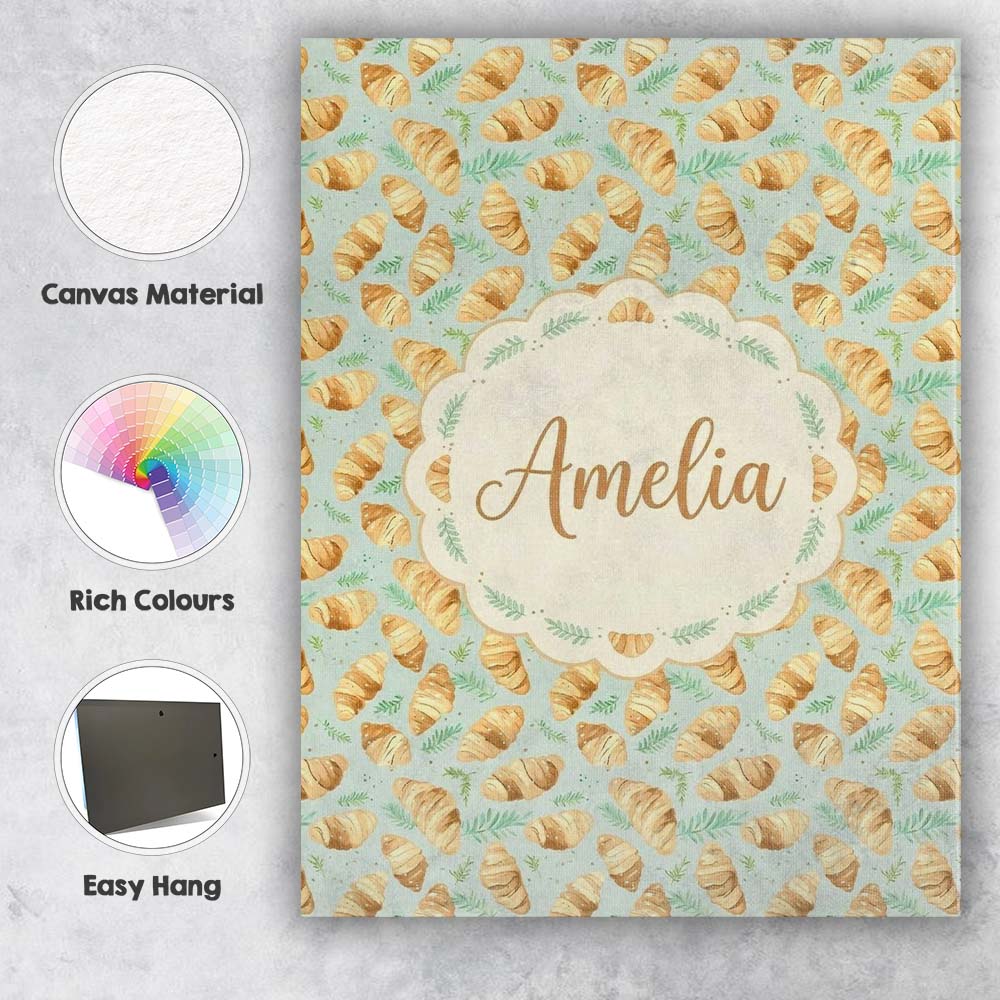 Personalised Name Fresh Croissant and Herb Botanical Light Background Custom Home Unique Canvas Wall Art Print Decor Picture Ready to Hang