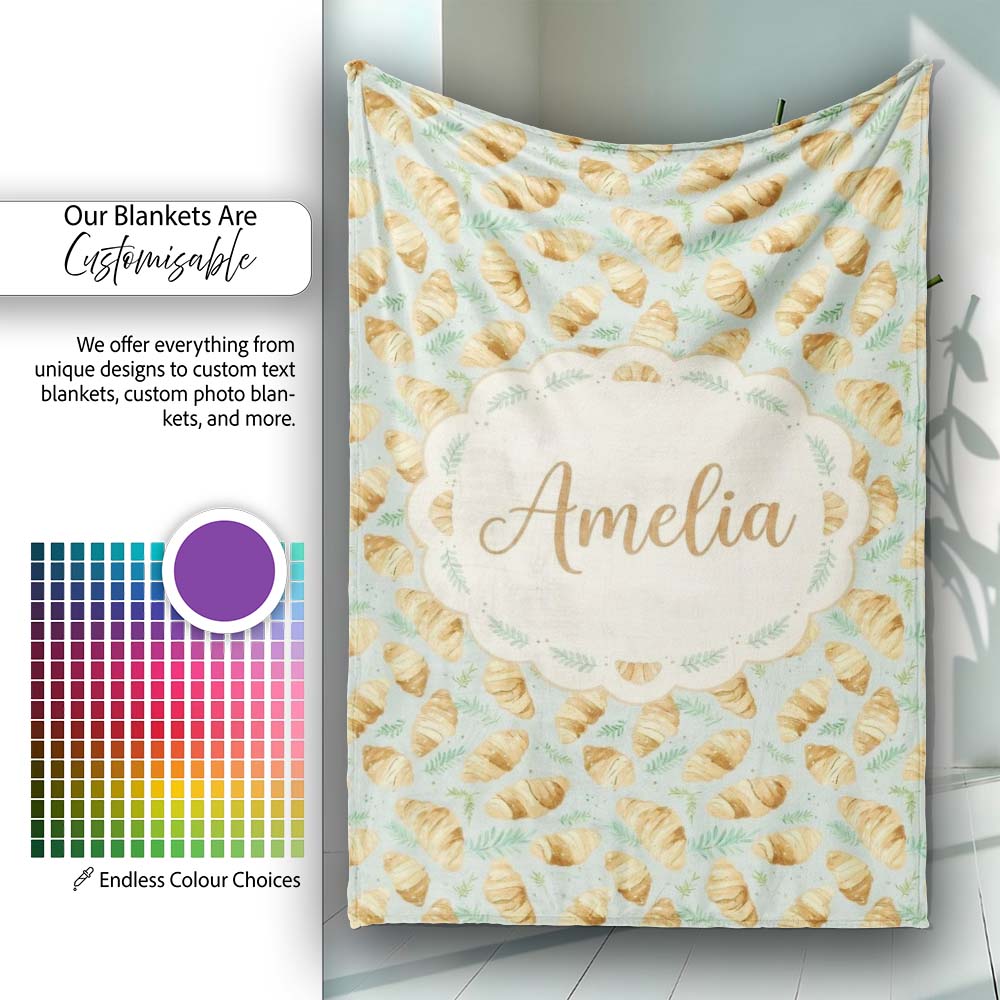 Fresh Croissant and Herb Botanical Light Background Seamless Pattern  Personalised Custom Name Super Soft Fleece Blanket Bed Sofa Throw