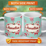 Personalized Custom Name Cute Christmas Candy Cane Ribbon Bow Mint Green Seamless Pattern 11oz Ceramic Coffee Tea Mug White Large Handle