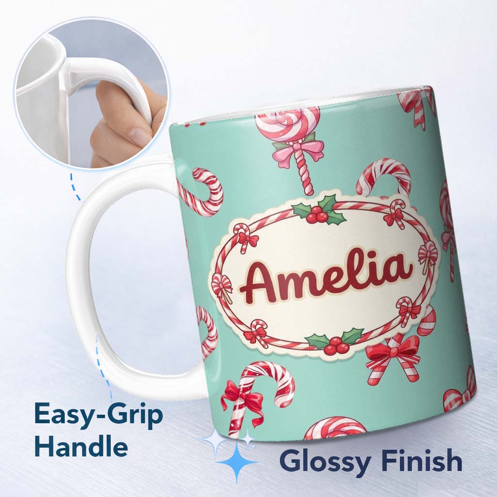 Personalized Custom Name Cute Christmas Candy Cane Ribbon Bow Mint Green Seamless Pattern 11oz Ceramic Coffee Tea Mug White Large Handle