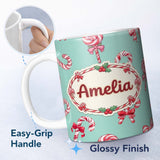 Personalized Custom Name Cute Christmas Candy Cane Ribbon Bow Mint Green Seamless Pattern 11oz Ceramic Coffee Tea Mug White Large Handle