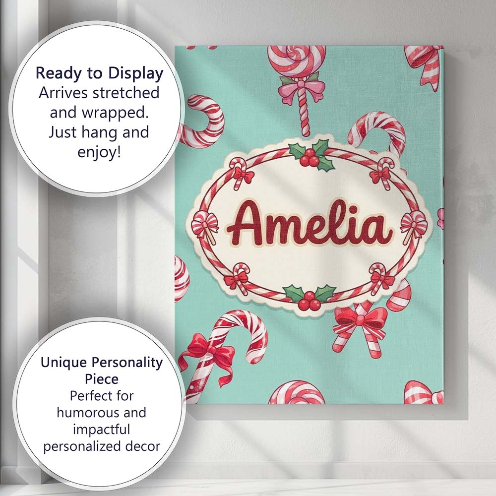 Personalised Name Cute Christmas Candy Cane Custom  Bespoke Interior Contemporary Canvas Wall Art Print Decor Picture Ready to Hang