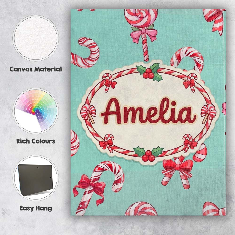Personalised Name Cute Christmas Candy Cane Custom  Bespoke Interior Contemporary Canvas Wall Art Print Decor Picture Ready to Hang