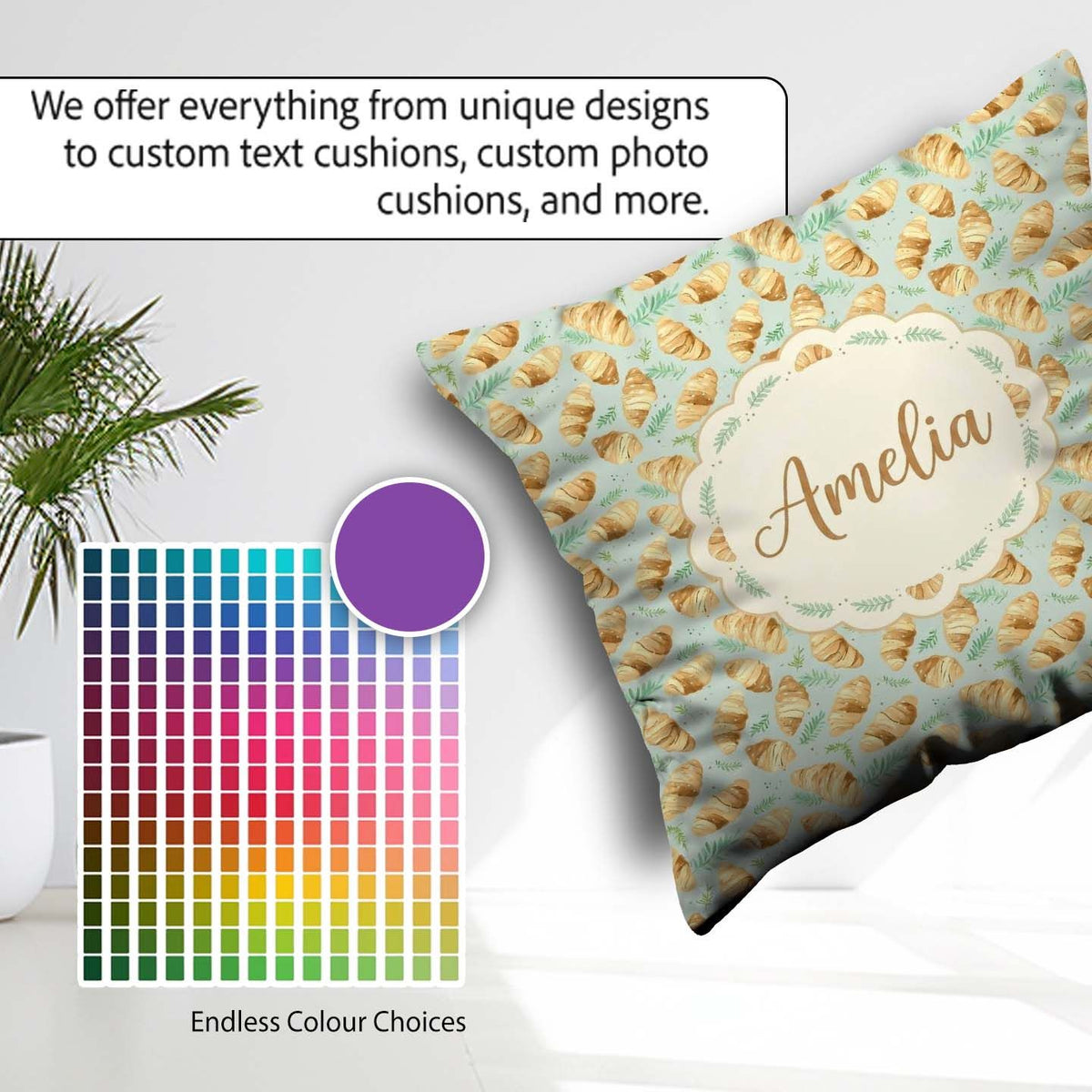 Custom Name Fresh Croissant and Botanical Light Seamless Pattern Square Filled Cushion Throw Pillow Sofa Bed Home Decor Zip Washable UK Made