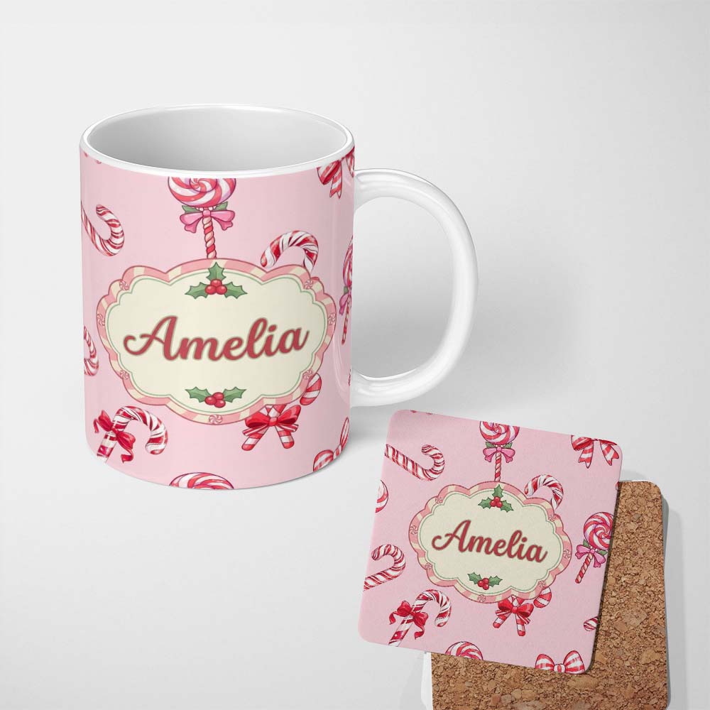Personalized Custom Name Cute Christmas Candy Cane Ribbon Bow Soft Pink Seamless Pattern Name 11oz Ceramic Coffee Tea Mug White Large Handle
