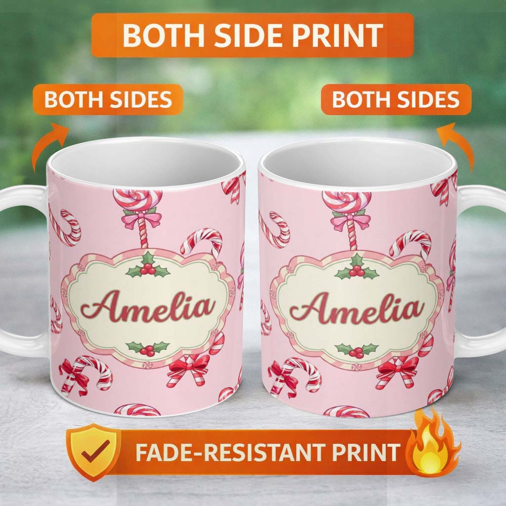 Personalized Custom Name Cute Christmas Candy Cane Ribbon Bow Soft Pink Seamless Pattern Name 11oz Ceramic Coffee Tea Mug White Large Handle