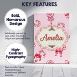 Personalised Name Cute Christmas Candy Cane Custom  Bespoke Interior Contemporary Canvas Wall Art Print Decor Picture Ready to Hang