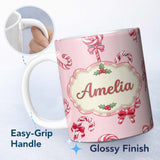 Personalized Custom Name Cute Christmas Candy Cane Ribbon Bow Soft Pink Seamless Pattern Name 11oz Ceramic Coffee Tea Mug White Large Handle