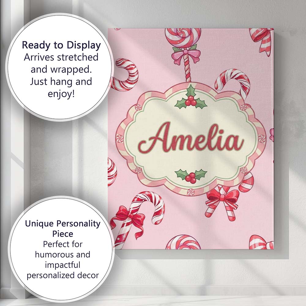 Personalised Name Cute Christmas Candy Cane Custom  Bespoke Interior Contemporary Canvas Wall Art Print Decor Picture Ready to Hang