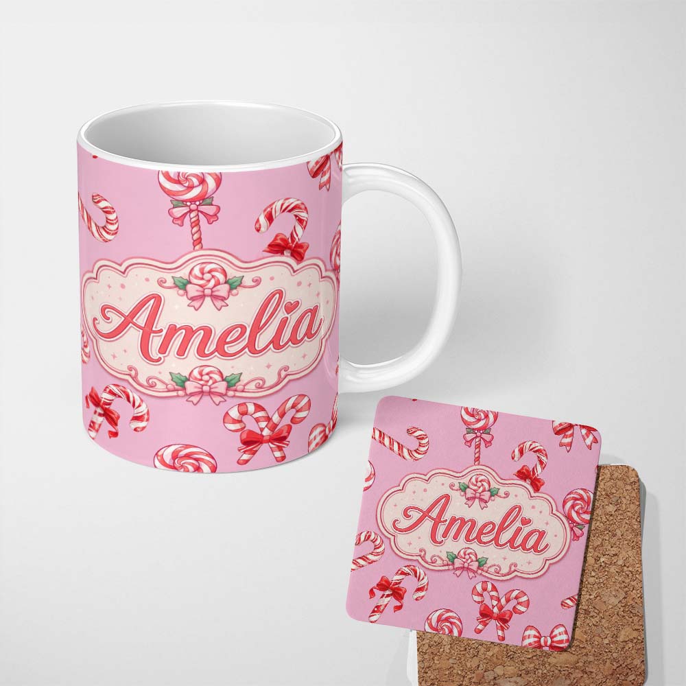 Personalized Custom Name Cute Christmas Candy Cane Ribbon Bow Pastel Pink Seamless Pattern 11oz Ceramic Coffee Tea Mug White Large Handle