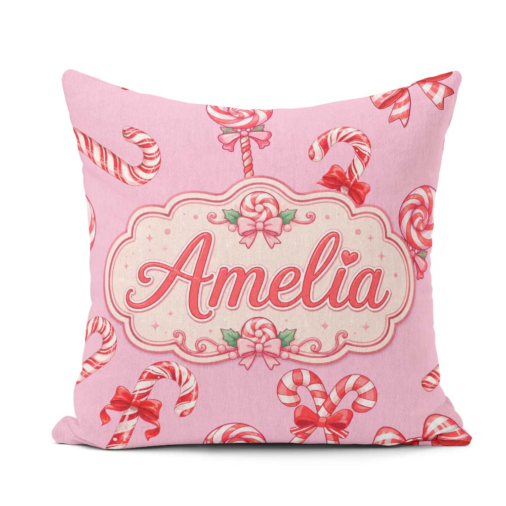 Custom Name Christmas Candy Cane Ribbon Bow Pastel Pink Seamless Square Filled Cushion Throw Pillow Sofa Bed Home Decor Zip Washable UK Made