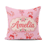 Custom Name Christmas Candy Cane Ribbon Bow Pastel Pink Seamless Square Filled Cushion Throw Pillow Sofa Bed Home Decor Zip Washable UK Made