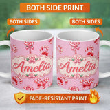 Personalized Custom Name Cute Christmas Candy Cane Ribbon Bow Pastel Pink Seamless Pattern 11oz Ceramic Coffee Tea Mug White Large Handle