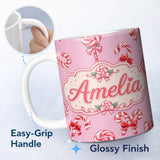 Personalized Custom Name Cute Christmas Candy Cane Ribbon Bow Pastel Pink Seamless Pattern 11oz Ceramic Coffee Tea Mug White Large Handle