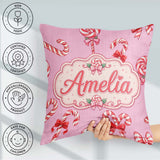 Custom Name Christmas Candy Cane Ribbon Bow Pastel Pink Seamless Square Filled Cushion Throw Pillow Sofa Bed Home Decor Zip Washable UK Made