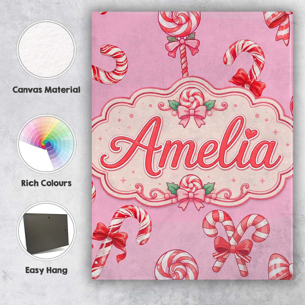 Personalised Name Cute Christmas Candy Cane Custom  Bespoke Interior Contemporary Canvas Wall Art Print Decor Picture Ready to Hang