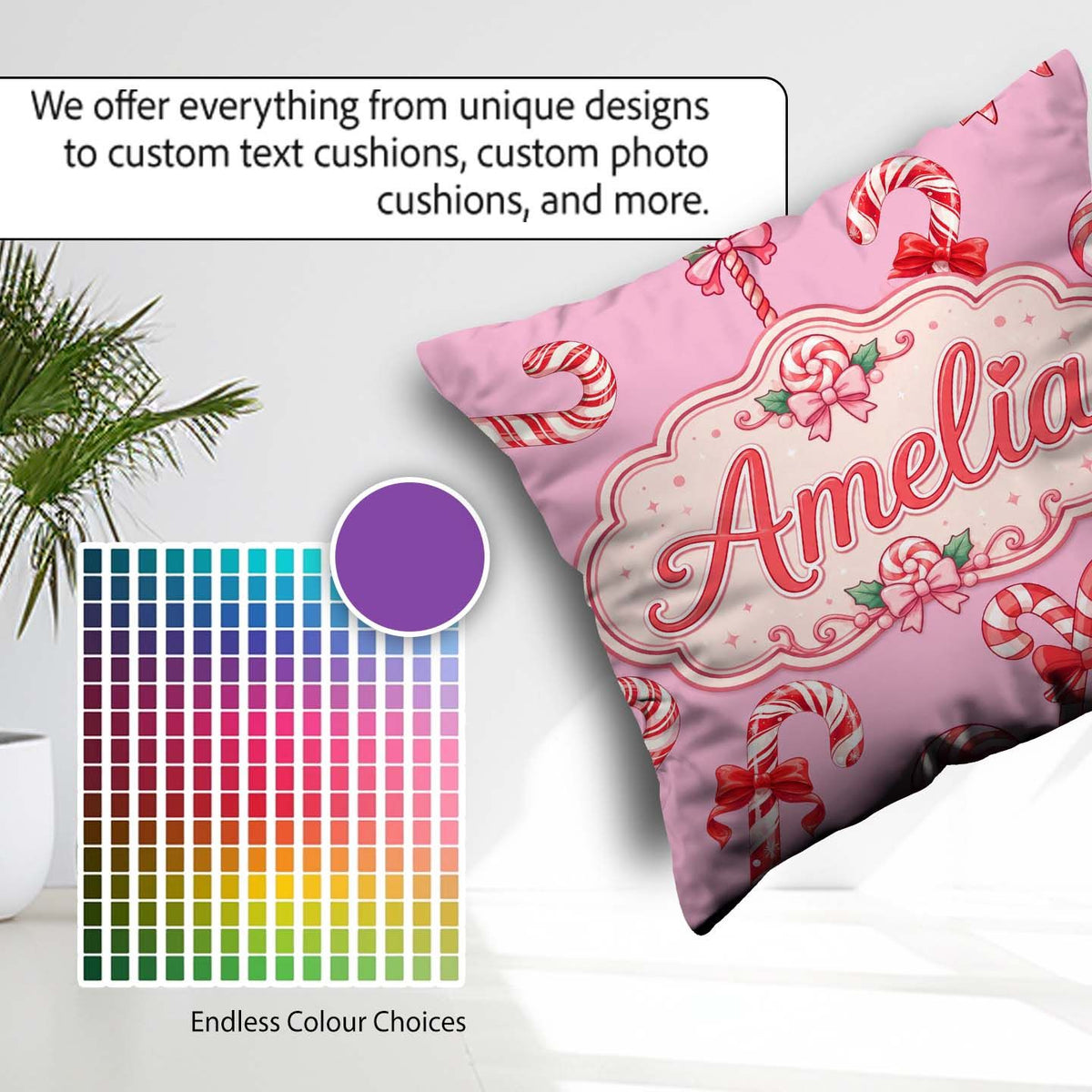 Custom Name Christmas Candy Cane Ribbon Bow Pastel Pink Seamless Square Filled Cushion Throw Pillow Sofa Bed Home Decor Zip Washable UK Made