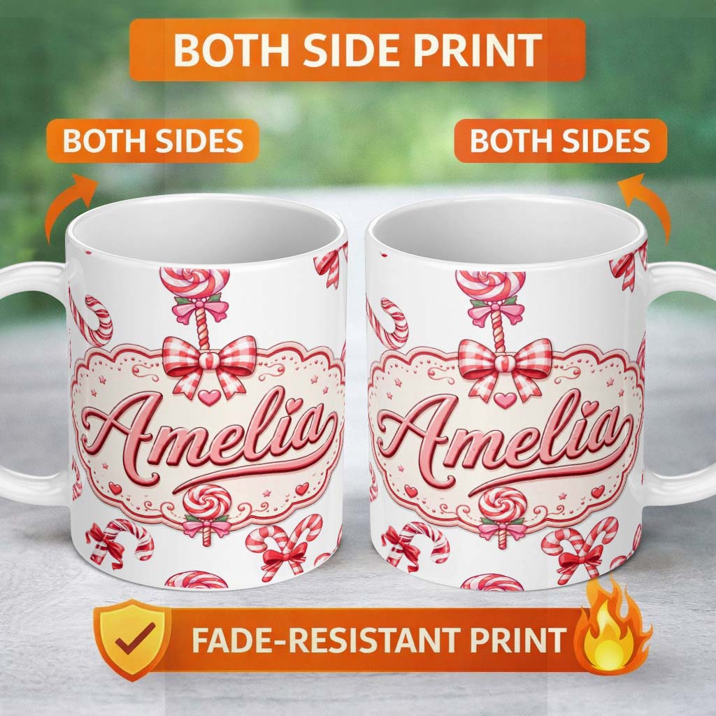 Personalized Custom Name Cute Christmas Candy Cane Ribbon Bow Light Grey Seamless Pattern 11oz Ceramic Coffee Tea Mug White Large Handle