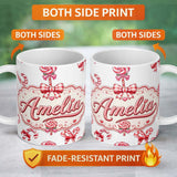 Personalized Custom Name Cute Christmas Candy Cane Ribbon Bow Light Grey Seamless Pattern 11oz Ceramic Coffee Tea Mug White Large Handle