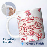 Personalized Custom Name Cute Christmas Candy Cane Ribbon Bow Light Grey Seamless Pattern 11oz Ceramic Coffee Tea Mug White Large Handle