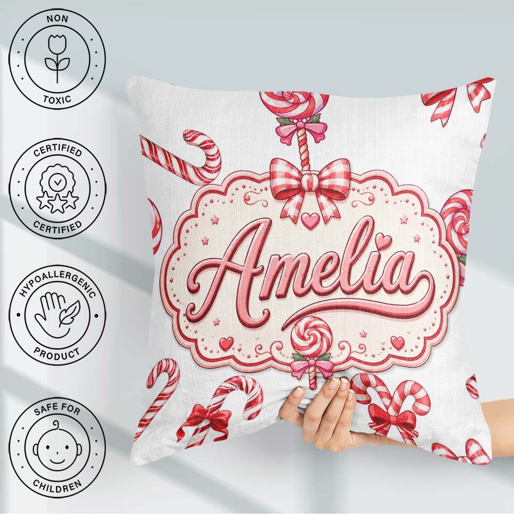 Custom Name Christmas Candy Cane Bow Light Grey Seamless Pattern Square Filled Cushion Throw Pillow Sofa Bed Home Decor Zip Washable UK Made