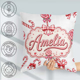 Custom Name Christmas Candy Cane Bow Light Grey Seamless Pattern Square Filled Cushion Throw Pillow Sofa Bed Home Decor Zip Washable UK Made