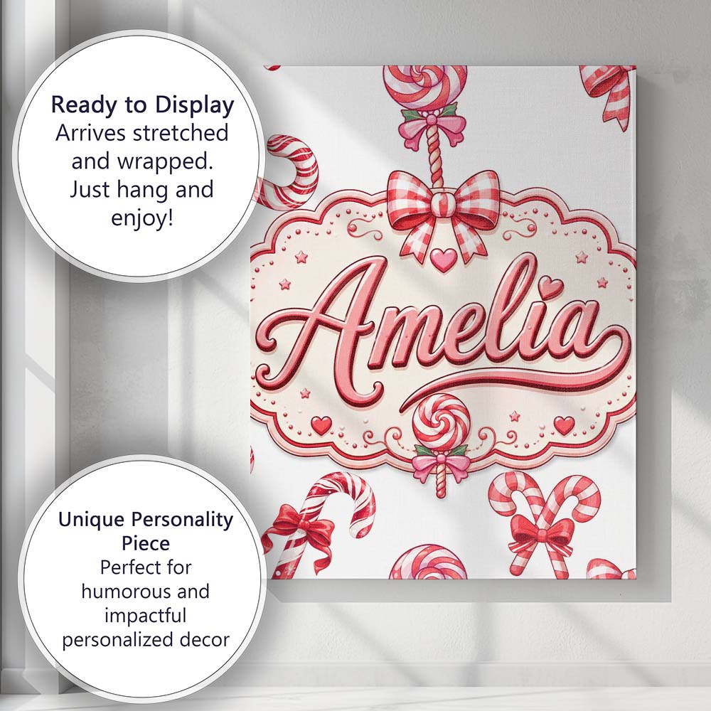 Personalised Name Cute Christmas Candy Cane Custom  Bespoke Interior Contemporary Canvas Wall Art Print Decor Picture Ready to Hang