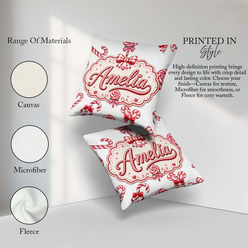 Custom Name Christmas Candy Cane Bow Light Grey Seamless Pattern Square Filled Cushion Throw Pillow Sofa Bed Home Decor Zip Washable UK Made