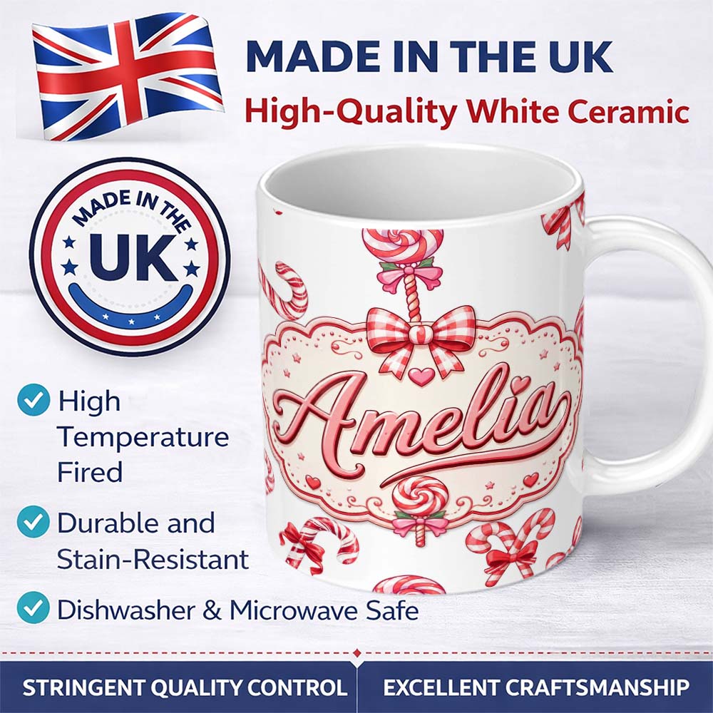 Personalized Custom Name Cute Christmas Candy Cane Ribbon Bow Light Grey Seamless Pattern 11oz Ceramic Coffee Tea Mug White Large Handle