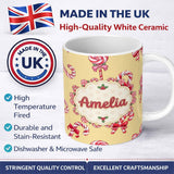 Personalized Custom Name Cute Christmas Candy Cane Ribbon Bow Warm Yellow Seamless Pattern 11oz Ceramic Coffee Tea Mug White Large Handle