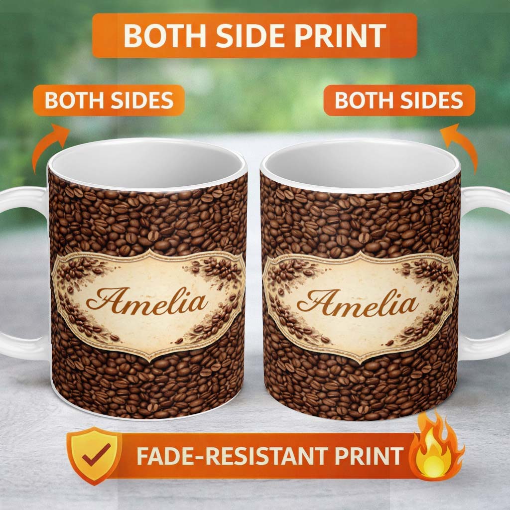 Personalized Custom Name Coffee Beans Minimal Tan Background Seamless Pattern Lovely 11oz Ceramic Coffee Tea Mug White Large Handle