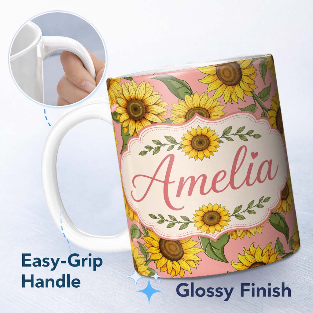 Personalized Custom Name Bright Yellow Sunflower Pink Background Seamless Pattern Name Cute 11oz Ceramic Coffee Tea Mug White Large Handle