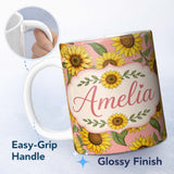 Personalized Custom Name Bright Yellow Sunflower Pink Background Seamless Pattern Name Cute 11oz Ceramic Coffee Tea Mug White Large Handle