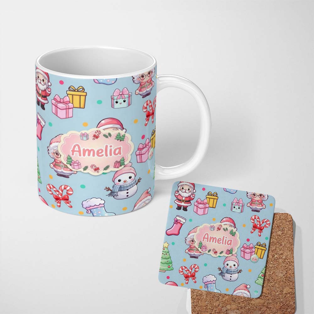 Personalized Custom Name Cute Kawaii Santa Snowman Gift Characters Blue Seamless Pattern Name 11oz Ceramic Coffee Tea Mug White Large Handle
