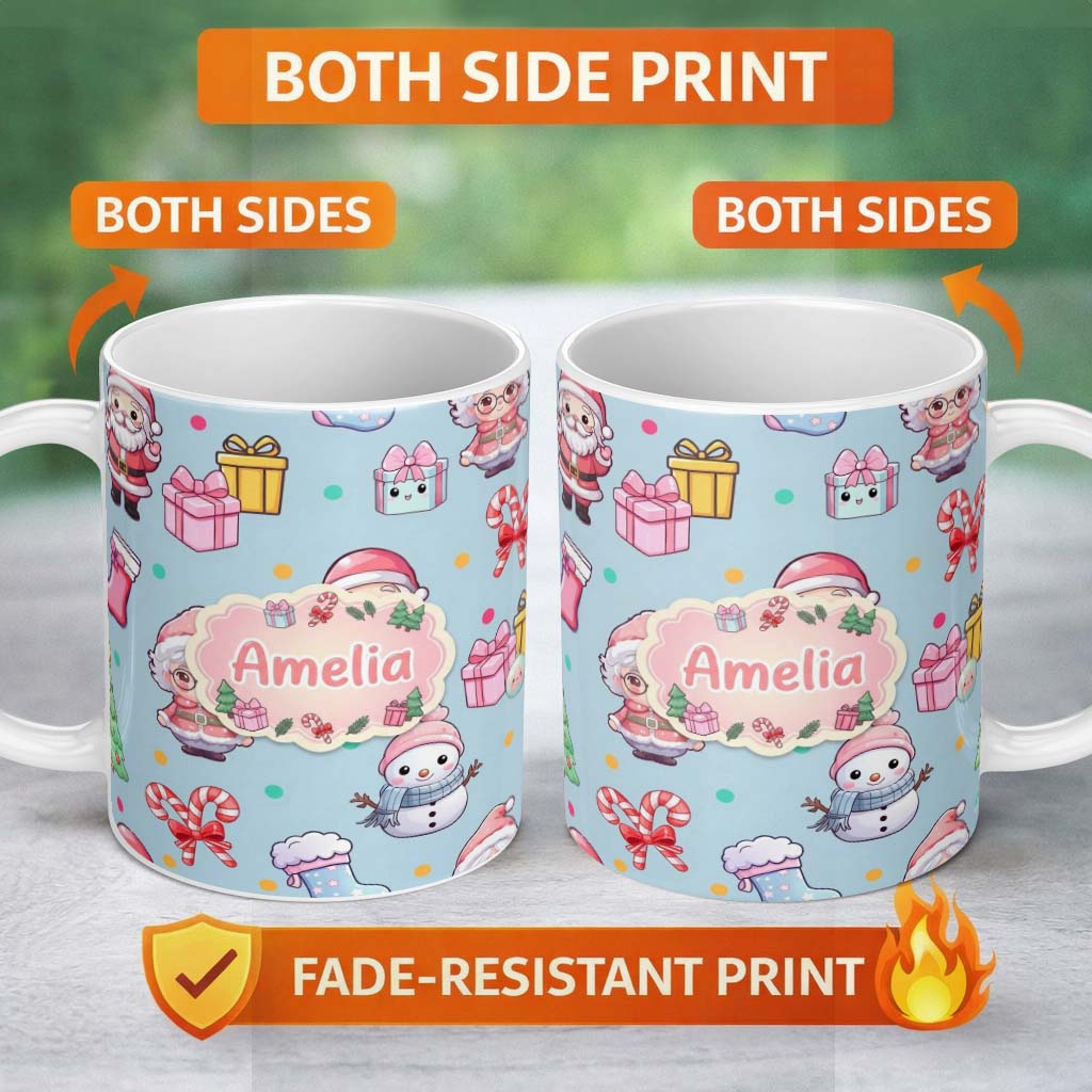 Personalized Custom Name Cute Kawaii Santa Snowman Gift Characters Blue Seamless Pattern Name 11oz Ceramic Coffee Tea Mug White Large Handle