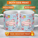 Personalized Custom Name Cute Kawaii Santa Snowman Gift Characters Blue Seamless Pattern Name 11oz Ceramic Coffee Tea Mug White Large Handle