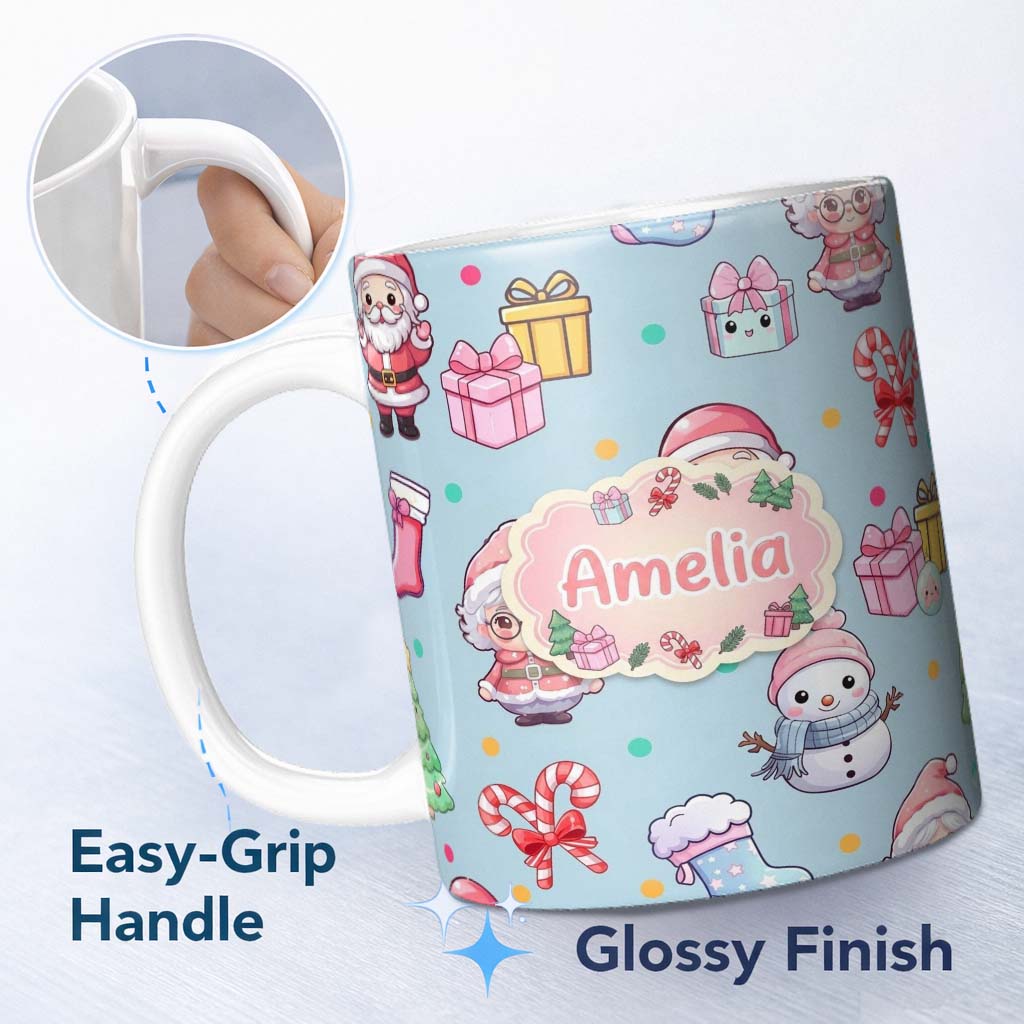Personalized Custom Name Cute Kawaii Santa Snowman Gift Characters Blue Seamless Pattern Name 11oz Ceramic Coffee Tea Mug White Large Handle