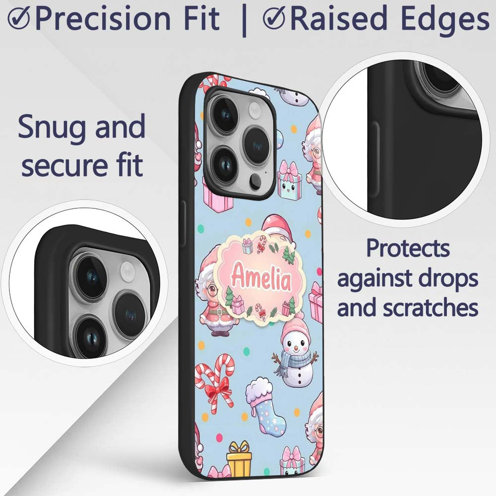 Cute Kawaii Santa Snowman Gift Characters Blue Custom Name Protective Phone Case Mobile Cover Durable Everyday Smartphone Shock Resistant