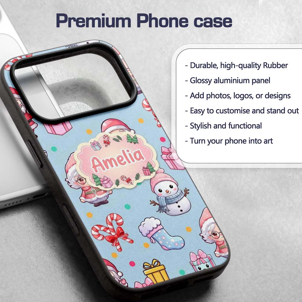 Cute Kawaii Santa Snowman Gift Characters Blue Custom Name Protective Phone Case Mobile Cover Durable Everyday Smartphone Shock Resistant