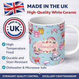 Personalized Custom Name Cute Kawaii Santa Snowman Gift Characters Blue Seamless Pattern Name 11oz Ceramic Coffee Tea Mug White Large Handle