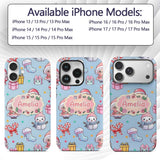 Cute Kawaii Santa Snowman Gift Characters Blue Custom Name Protective Phone Case Mobile Cover Durable Everyday Smartphone Shock Resistant