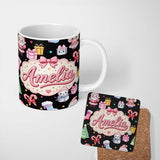Personalized Custom Name Cute Kawaii Santa Snowman Gift Characters Black Seamless Pattern 11oz Ceramic Coffee Tea Mug White Large Handle