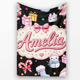 Cute Kawaii Santa Snowman Gift Characters Black Seamless Pattern  Personalised Custom Name Super Soft Fleece Blanket Bed Sofa Throw