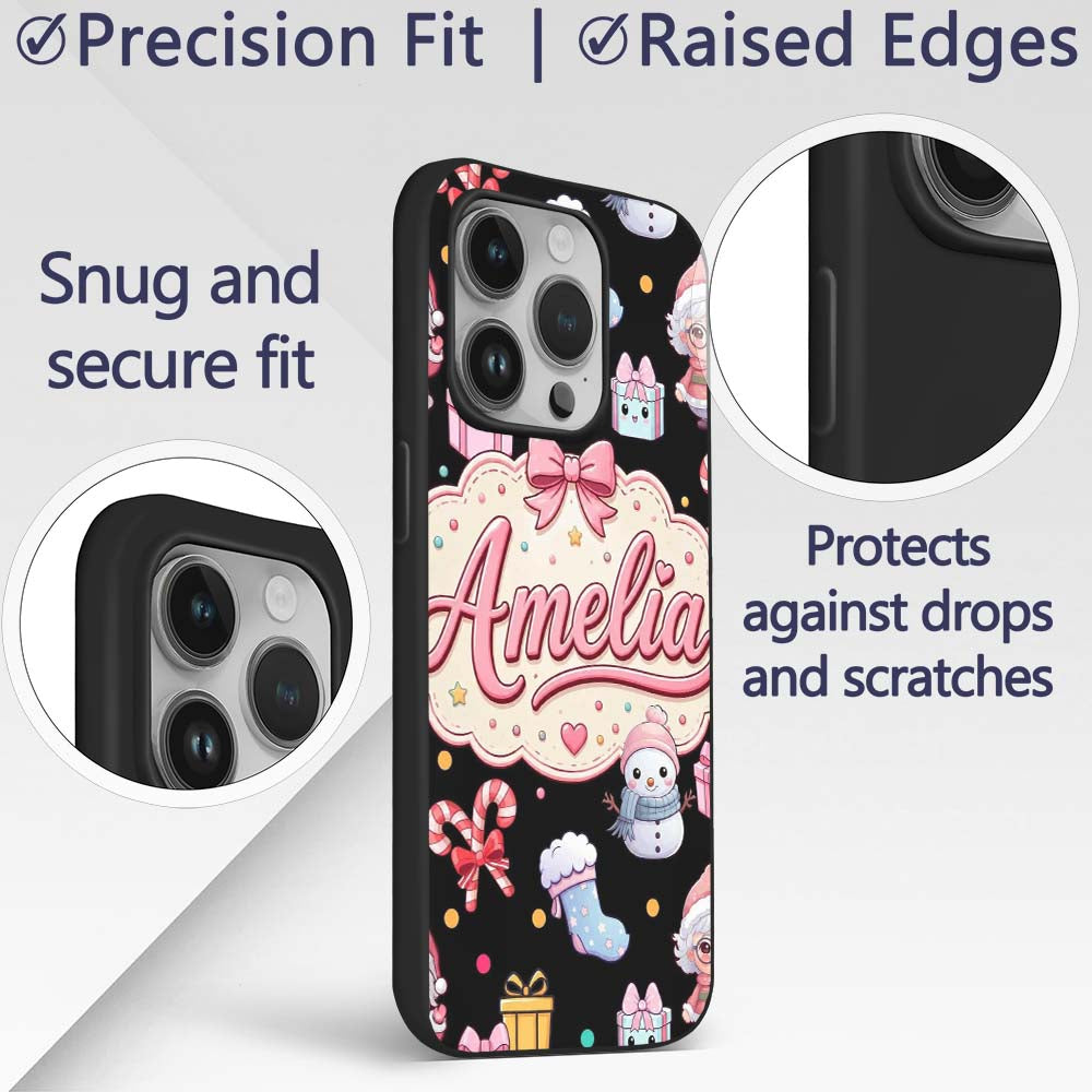 Cute Kawaii Santa Snowman Gift Characters Black Custom Name Protective Phone Case Mobile Cover Durable Everyday Smartphone Shock Resistant