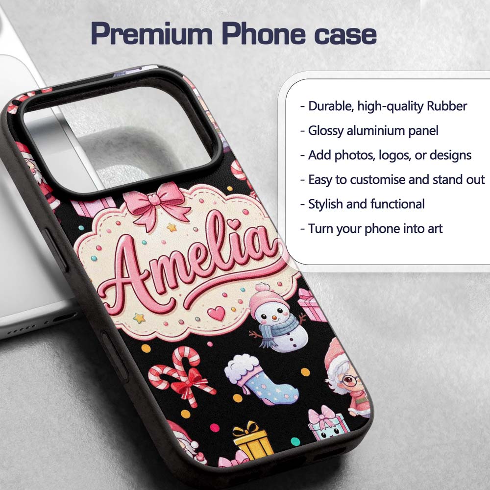 Cute Kawaii Santa Snowman Gift Characters Black Custom Name Protective Phone Case Mobile Cover Durable Everyday Smartphone Shock Resistant