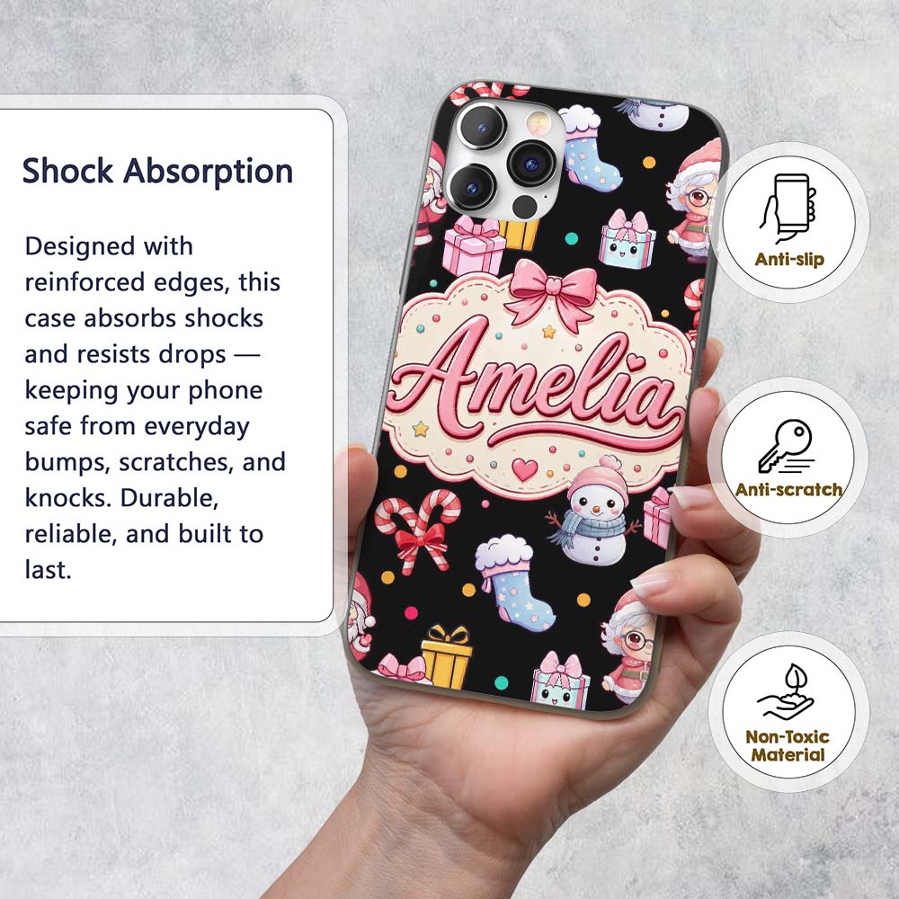 Cute Kawaii Santa Snowman Gift Characters Black Custom Name Protective Phone Case Mobile Cover Durable Everyday Smartphone Shock Resistant