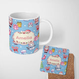 Personalized Custom Name Cute Kawaii Santa Snowman Gift Characters Snow Blue Seamless 11oz Ceramic Coffee Tea Mug White Large Handle
