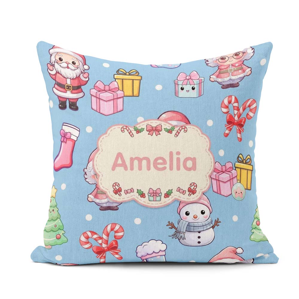 Custom Name Kawaii Santa Snowman Characters Snow Blue Seamless Square Filled Cushion Throw Pillow Sofa Bed Home Decor Zip Washable UK Made