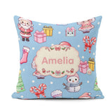 Custom Name Kawaii Santa Snowman Characters Snow Blue Seamless Square Filled Cushion Throw Pillow Sofa Bed Home Decor Zip Washable UK Made